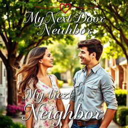 A romantic book cover titled 'My Next Door Neighbor', featuring a charming suburban neighborhood in the background