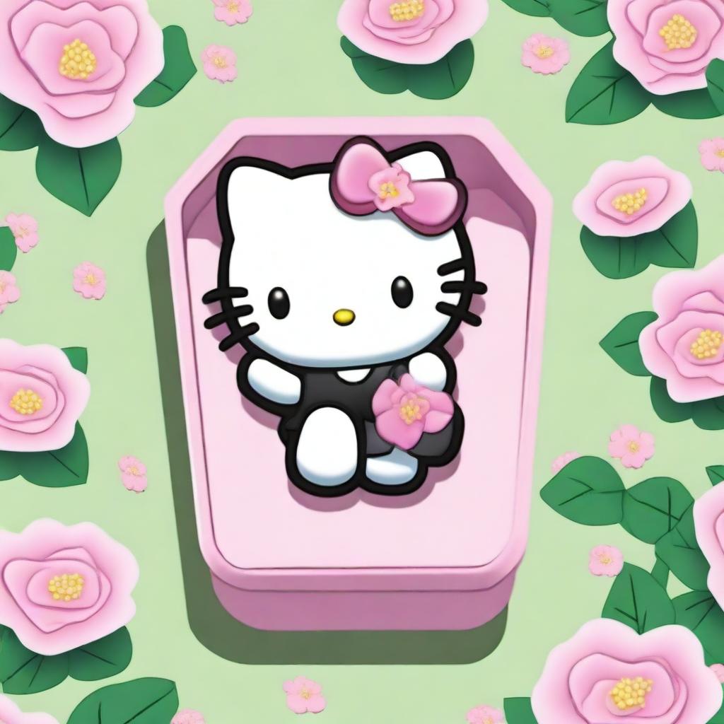 Bird's-eye view of Hello Kitty in 2D 90s Sanrio animation style, tranquilly laid in a pink anthropoidal coffin