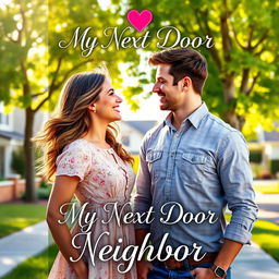 A romantic book cover titled 'My Next Door Neighbor', featuring a charming suburban neighborhood in the background