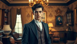 A charming 25-year-old middle-class man from the Victorian era, featuring striking black hair and dark brown eyes that reflect his intelligence and roguish nature