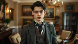 A charming 25-year-old middle-class man from the Victorian era, featuring striking black hair and dark brown eyes that reflect his intelligence and roguish nature
