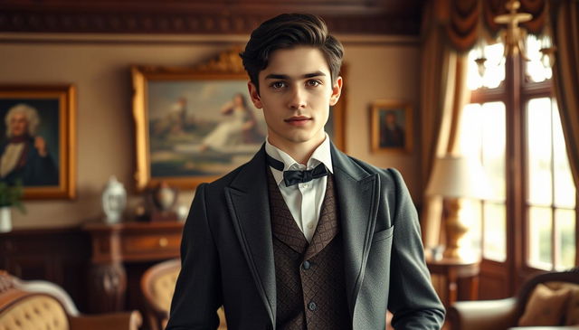 A charming 25-year-old middle-class man from the Victorian era, featuring striking black hair and dark brown eyes that reflect his intelligence and roguish nature