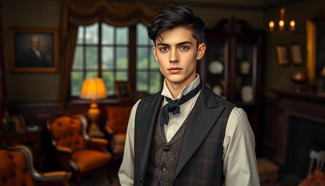 A charming 25-year-old middle-class man from the Victorian era, featuring striking black hair and dark brown eyes that reflect his intelligence and roguish nature