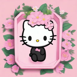 Bird's-eye view of Hello Kitty in 2D 90s Sanrio animation style, tranquilly laid in a pink anthropoidal coffin