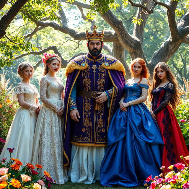 A captivating scene titled 'Supernatural Love,' featuring a majestic king surrounded by four stunning brides in exquisite medieval attire