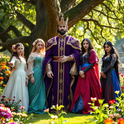 A captivating scene titled 'Supernatural Love,' featuring a majestic king surrounded by four stunning brides in exquisite medieval attire