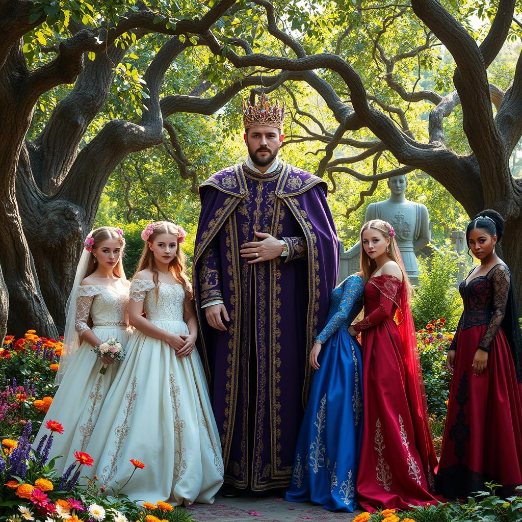 A captivating scene titled 'Supernatural Love,' featuring a majestic king surrounded by four stunning brides in exquisite medieval attire