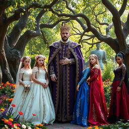 A captivating scene titled 'Supernatural Love,' featuring a majestic king surrounded by four stunning brides in exquisite medieval attire