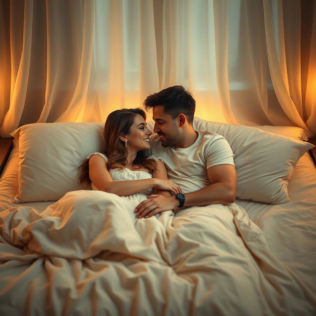 A romantic scene depicting a loving couple lying together on a cozy bed with soft, inviting linens