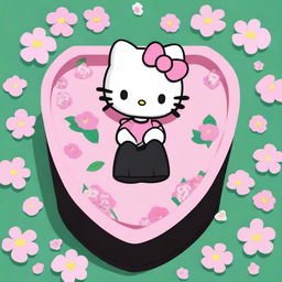 Bird's-eye view of Hello Kitty in 2D 90s Sanrio animation style, tranquilly laid in a pink anthropoidal coffin