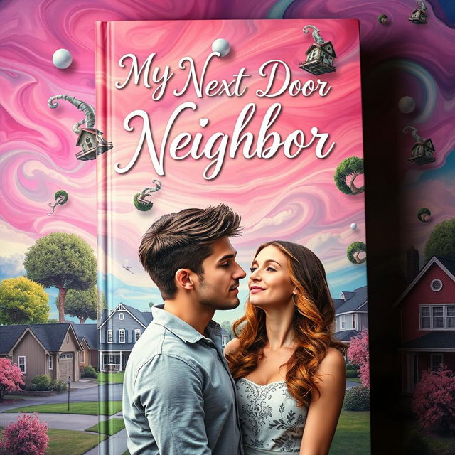 A surrealist book cover titled 'My Next Door Neighbor', featuring a dreamlike suburban scene where reality blends with fantasy