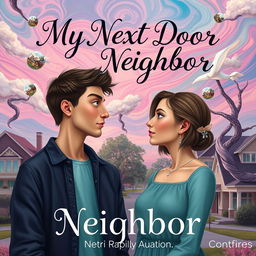 A surrealist book cover titled 'My Next Door Neighbor', featuring a dreamlike suburban scene where reality blends with fantasy