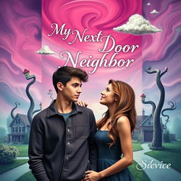 A surrealist book cover titled 'My Next Door Neighbor', featuring a dreamlike suburban scene where reality blends with fantasy