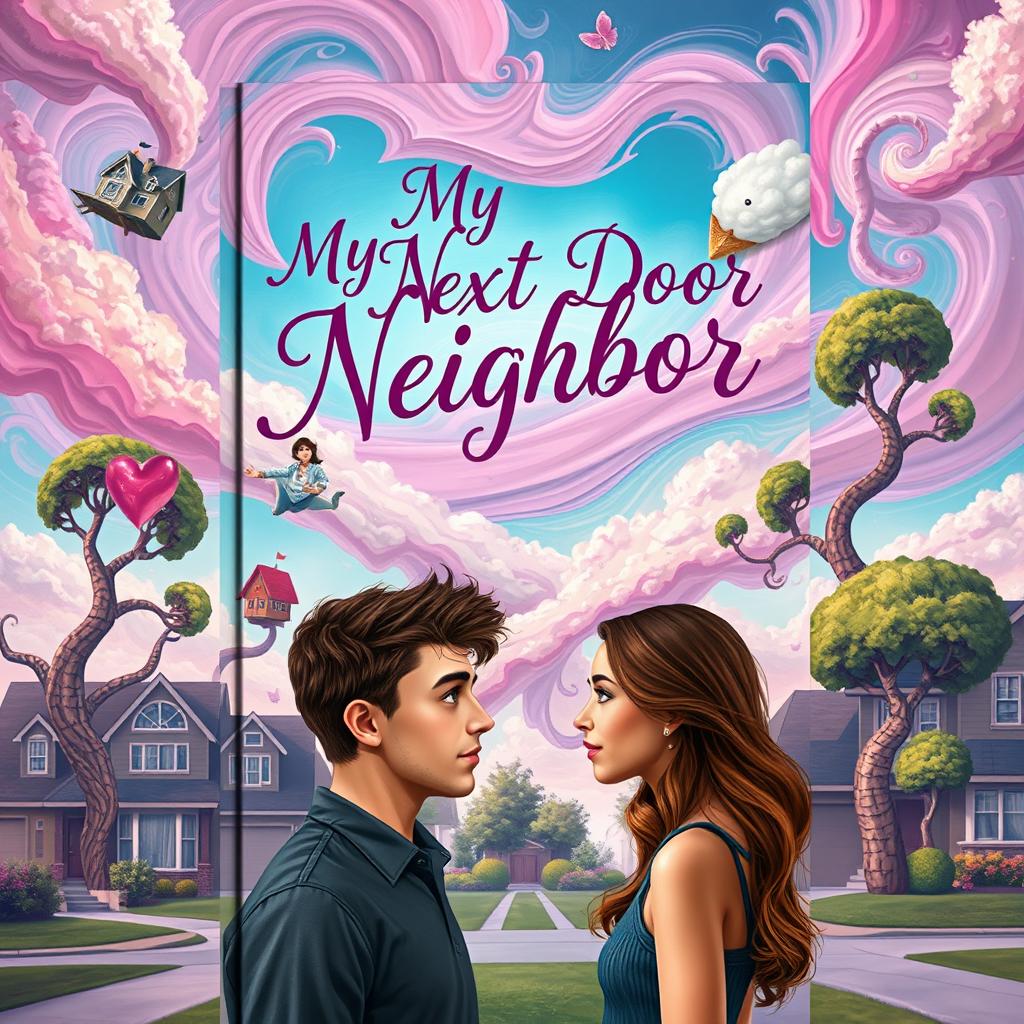 A surrealist book cover titled 'My Next Door Neighbor', featuring a dreamlike suburban scene where reality blends with fantasy