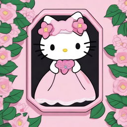 Bird's-eye view of Hello Kitty in 2D 90s Sanrio animation style, tranquilly laid in a pink anthropoidal coffin