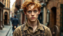A 23-year-old working-class Irish immigrant man from the Victorian era, showcasing his humble yet resilient spirit