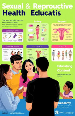 An educational poster showcasing Sexual and Reproductive Health Education themes