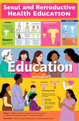 An educational poster showcasing Sexual and Reproductive Health Education themes