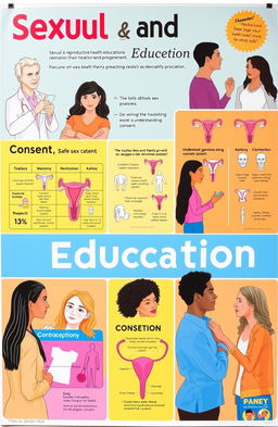 An educational poster showcasing Sexual and Reproductive Health Education themes