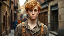 A 23-year-old working-class Irish immigrant man from the Victorian era, showcasing his humble yet resilient spirit