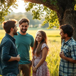 A serene outdoor scene set in a picturesque village field featuring a cute 18-year-old girl, surrounded by nature and leaning against a tree