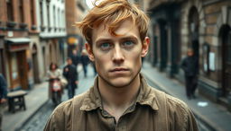 A 23-year-old working-class Irish immigrant man from the Victorian era, featuring distinctive coppery brown hair that is a bit tousled and expressive green eyes that reflect his resilience and determination