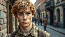 A 23-year-old working-class Irish immigrant man from the Victorian era, featuring distinctive coppery brown hair that is a bit tousled and expressive green eyes that reflect his resilience and determination