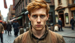 A 23-year-old working-class Irish immigrant man from the Victorian era, featuring distinctive coppery brown hair that is a bit tousled and expressive green eyes that reflect his resilience and determination