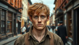 A 23-year-old working-class Irish immigrant man from the Victorian era, featuring distinctive coppery brown hair that is a bit tousled and expressive green eyes that reflect his resilience and determination