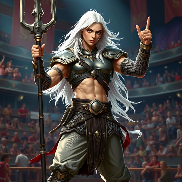 An androgynous aasimar gladiator champion posing confidently for the crowd, exuding charisma and strength