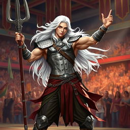 An androgynous aasimar gladiator champion posing confidently for the crowd, exuding charisma and strength