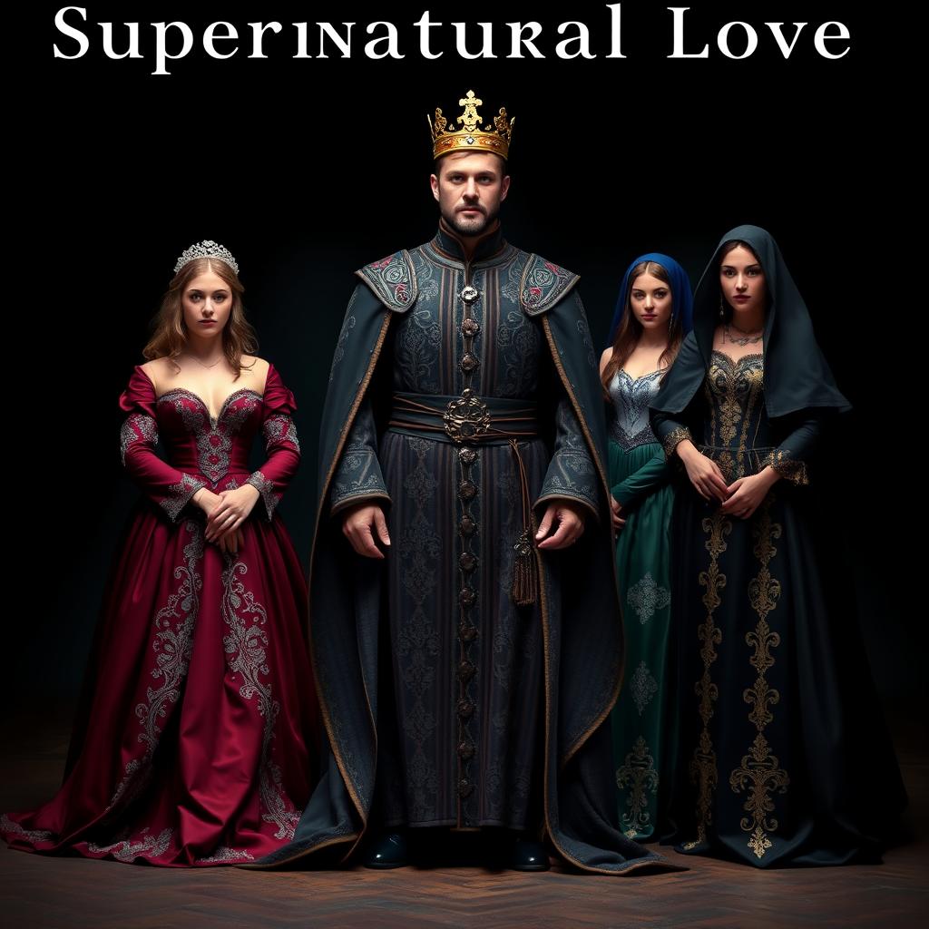 A striking scene titled 'Supernatural Love,' featuring a man surrounded by his four wives, all dressed in exquisite medieval clothing