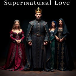 A striking scene titled 'Supernatural Love,' featuring a man surrounded by his four wives, all dressed in exquisite medieval clothing