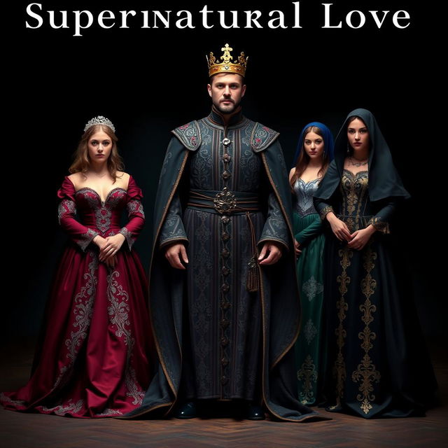 A striking scene titled 'Supernatural Love,' featuring a man surrounded by his four wives, all dressed in exquisite medieval clothing