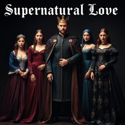 A striking scene titled 'Supernatural Love,' featuring a man surrounded by his four wives, all dressed in exquisite medieval clothing