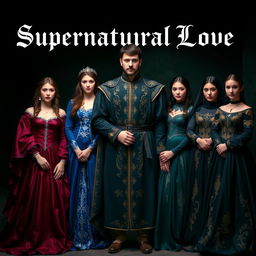 A striking scene titled 'Supernatural Love,' featuring a man surrounded by his four wives, all dressed in exquisite medieval clothing