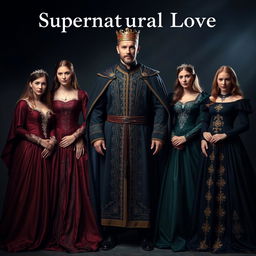 A striking scene titled 'Supernatural Love,' featuring a man surrounded by his four wives, all dressed in exquisite medieval clothing