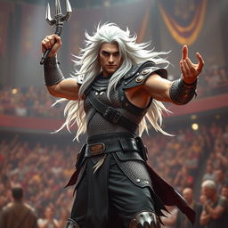 An androgynous aasimar gladiator champion striking a dynamic pose for the crowd, showcasing a slight smirk that conveys confidence and charm