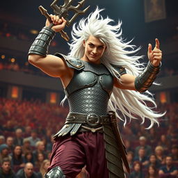 An androgynous aasimar gladiator champion striking a dynamic pose for the crowd, showcasing a slight smirk that conveys confidence and charm