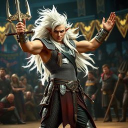 An androgynous aasimar gladiator champion striking a dynamic pose for the crowd, showcasing a slight smirk that conveys confidence and charm
