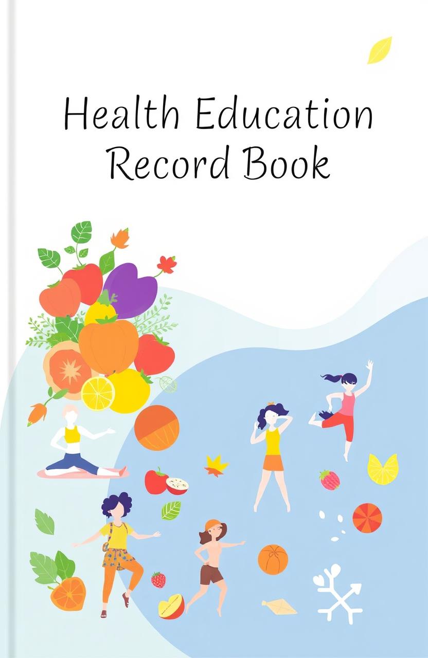 A beautifully designed health education record book cover, featuring vibrant illustrations of healthy foods, exercise activities, and wellness symbols