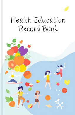 A beautifully designed health education record book cover, featuring vibrant illustrations of healthy foods, exercise activities, and wellness symbols