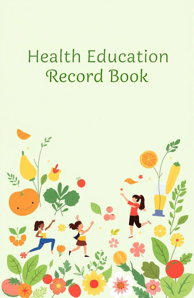 A beautifully designed health education record book cover, featuring vibrant illustrations of healthy foods, exercise activities, and wellness symbols