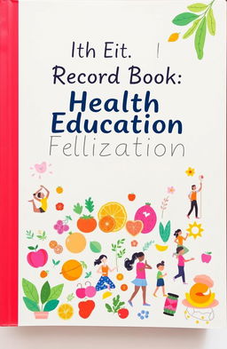 A beautifully designed health education record book cover, featuring vibrant illustrations of healthy foods, exercise activities, and wellness symbols
