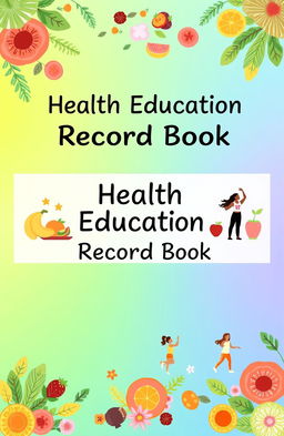 A beautifully designed health education record book cover, featuring vibrant illustrations of healthy foods, exercise activities, and wellness symbols