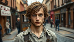 A 23-year-old working-class Irish immigrant man from the Victorian era, featuring dark coppery brown hair that is slightly tousled and vivid green eyes that convey a sense of determination and resilience