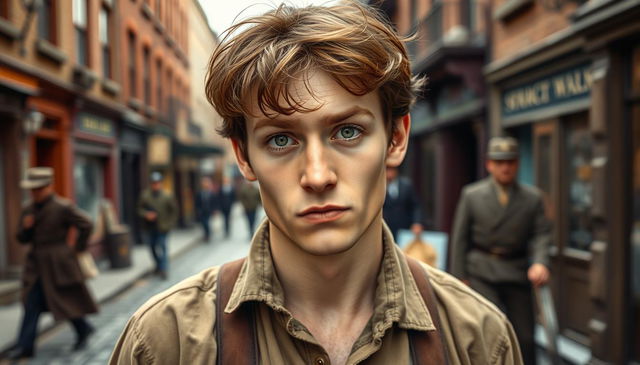 A 23-year-old working-class Irish immigrant man from the Victorian era, featuring dark coppery brown hair that is slightly tousled and vivid green eyes that convey a sense of determination and resilience