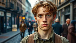 A 23-year-old working-class Irish immigrant man from the Victorian era, featuring dark coppery brown hair that is slightly tousled and vivid green eyes that convey a sense of determination and resilience