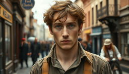 A 23-year-old working-class Irish immigrant man from the Victorian era, featuring dark coppery brown hair that is slightly tousled and vivid green eyes that convey a sense of determination and resilience