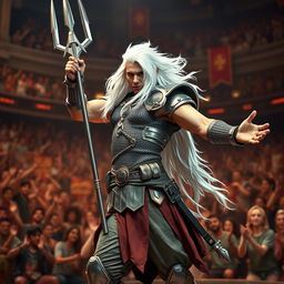 An androgynous aasimar gladiator champion striking a confident pose for the crowd, exuding a mix of charisma and strength